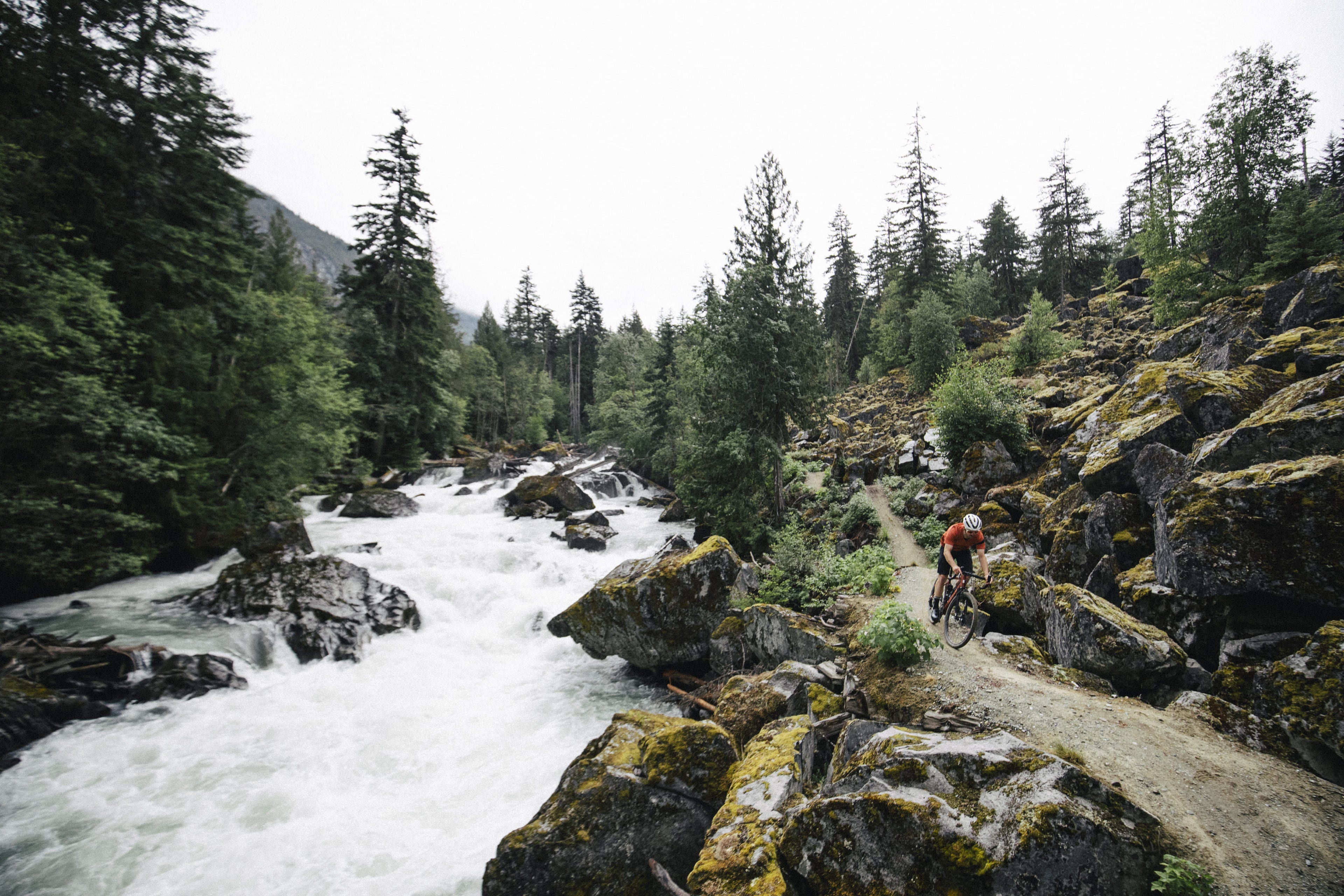 Person on a mountain bike riding along a rocky trail next to a fast-flowing river with trees in the background.